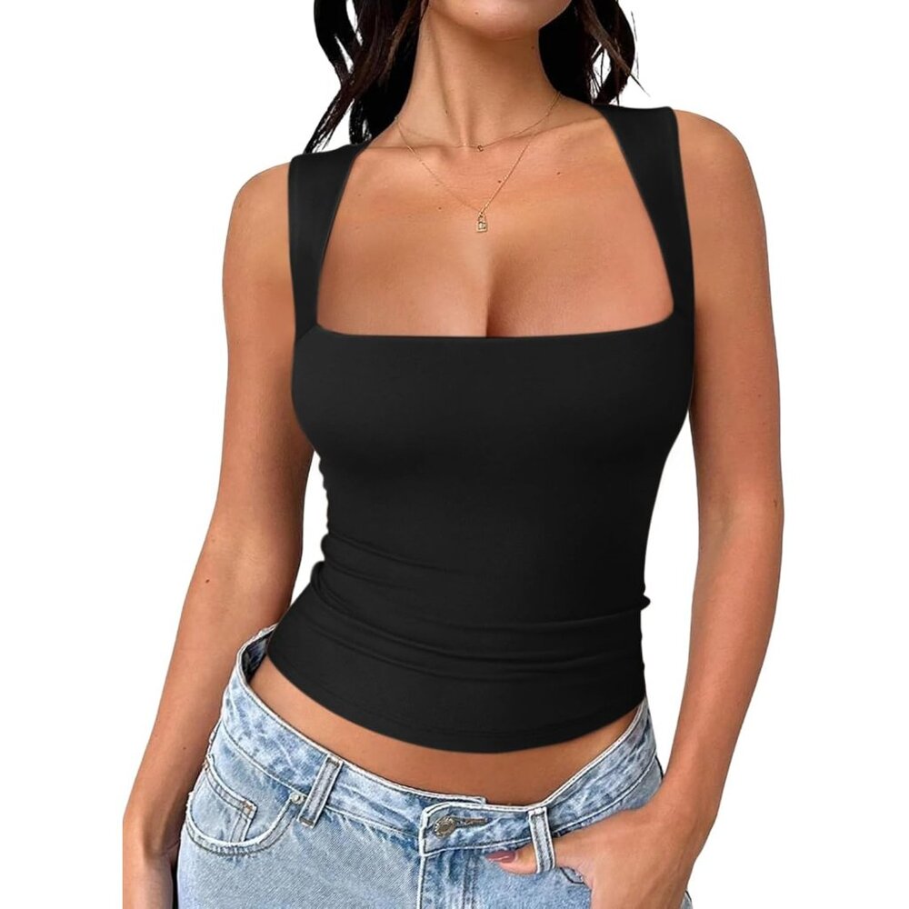 Butsmooth Women's Square Neck Going Out Crop Tops Double Lined Cute Basic Tank T